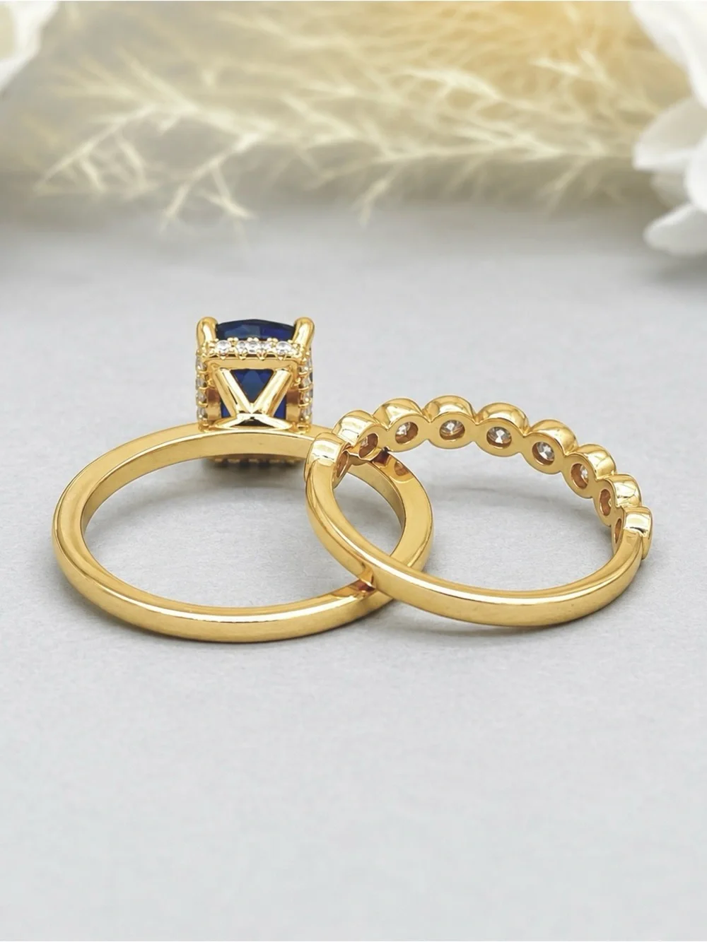 Yellow Gold 3Ct Cushion Blue Sapphire Moissanite Band Sterling Silver Ring Set